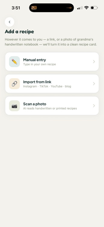 Add a recipe screen with Manual entry, Import from link and Scan a photo options