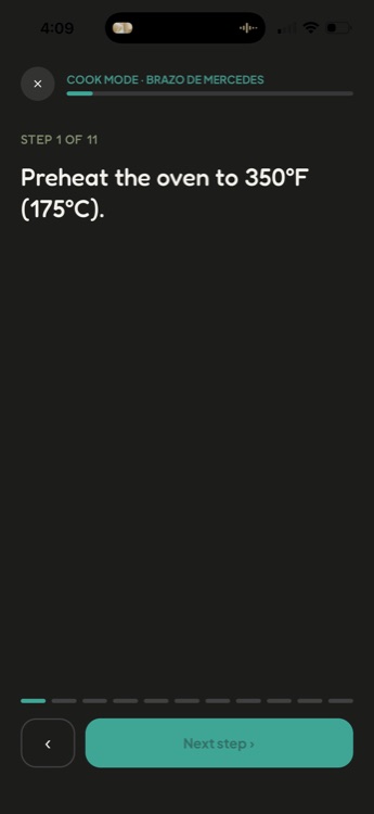 Cook Mode showing step 1 of 7 in large text with a Start timer button