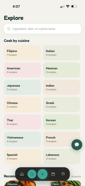 Explore screen showing a grid of cuisines to cook by, including Filipino, Italian, American and Mexican