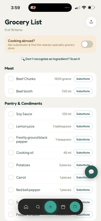Grocery List screen with checkable ingredients grouped by category and a Substitute button on each item