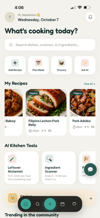 UlamHub home screen with a search bar, quick actions for Add Recipe, Plan Week, Grocery and Ask AI, and a row of saved recipes