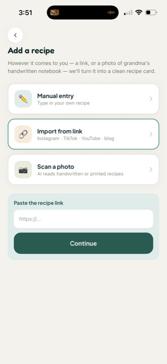 Import from link screen with a field to paste an Instagram, TikTok, YouTube or blog URL