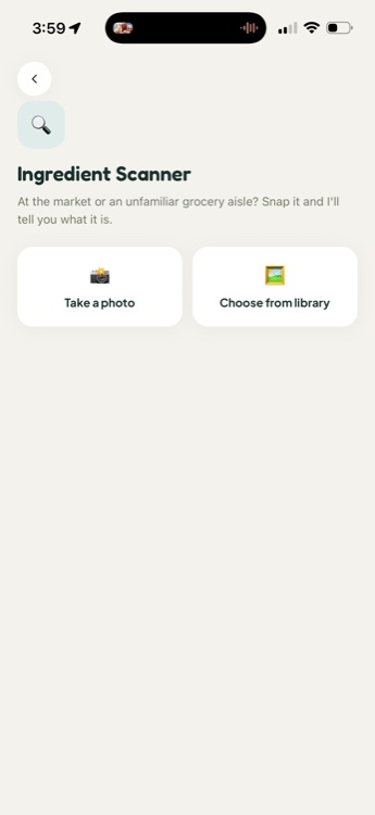 Ingredient Scanner screen with Take a photo and Choose from library buttons