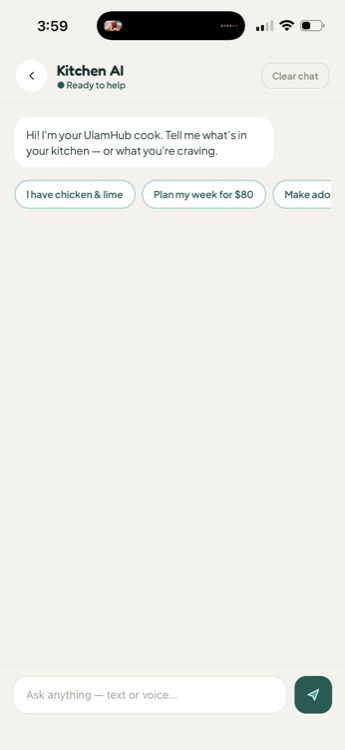 Kitchen AI chat screen with suggested prompts like I have chicken and lime, and Plan my week for $80