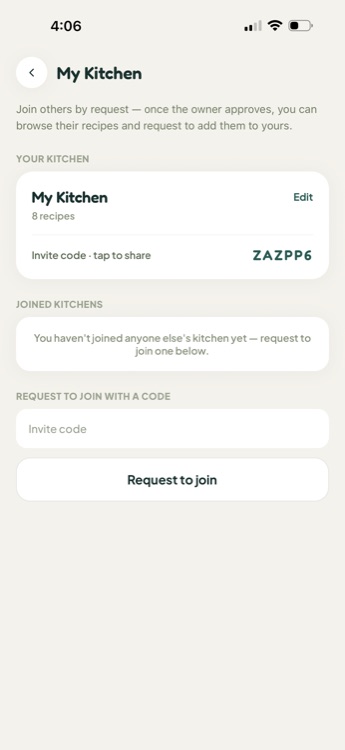 Shared Kitchen screen showing an invite code to share and a field to request to join another kitchen