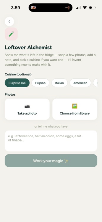 Leftover Alchemist screen with cuisine chips, a Take a photo button, and a Work your magic button