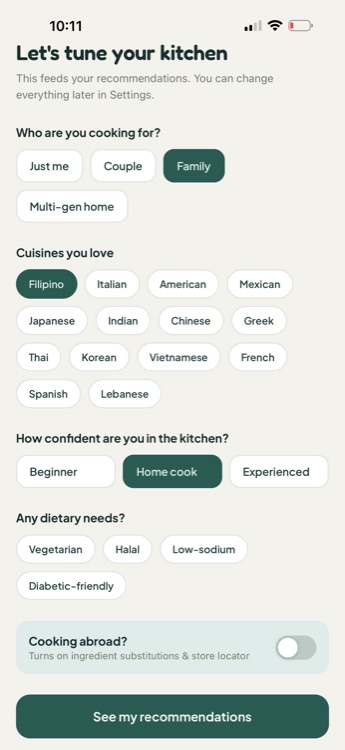 Onboarding quiz asking who you're cooking for, cuisines you love, kitchen confidence and dietary needs