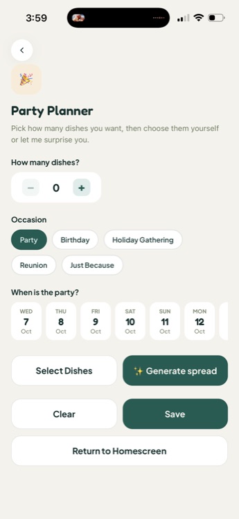 Party Planner screen with a dish-count stepper, occasion chips and a Generate spread button