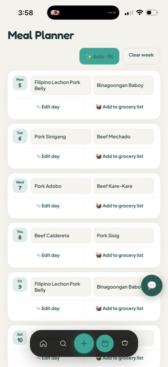 Meal Planner screen showing a week grid with two dish placeholders per day