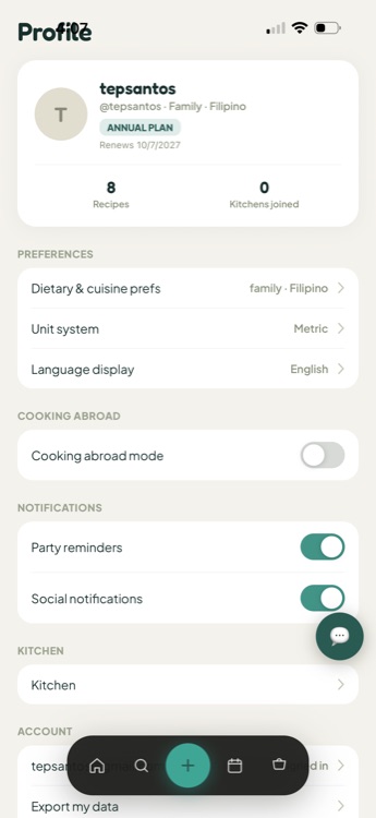 Profile screen with dietary and cuisine preferences, unit system and notification settings