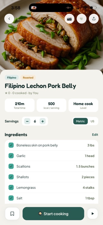 Recipe detail screen for Filipino Lechon Pork Belly showing total time, calories per serving, and an ingredient checklist