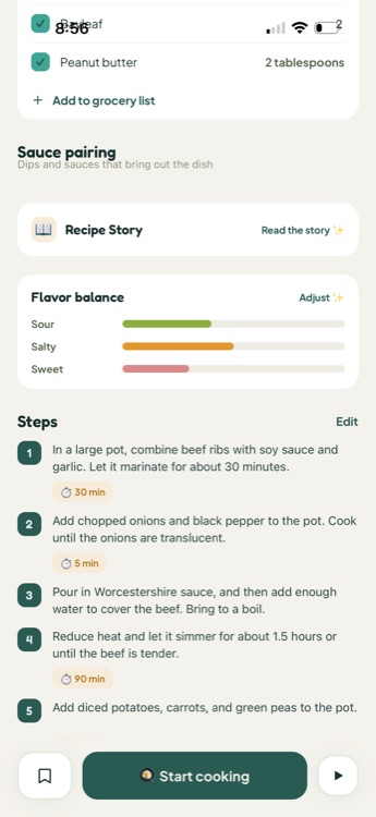Recipe detail showing sauce pairing, recipe story, and a flavor balance chart for sour, salty and sweet