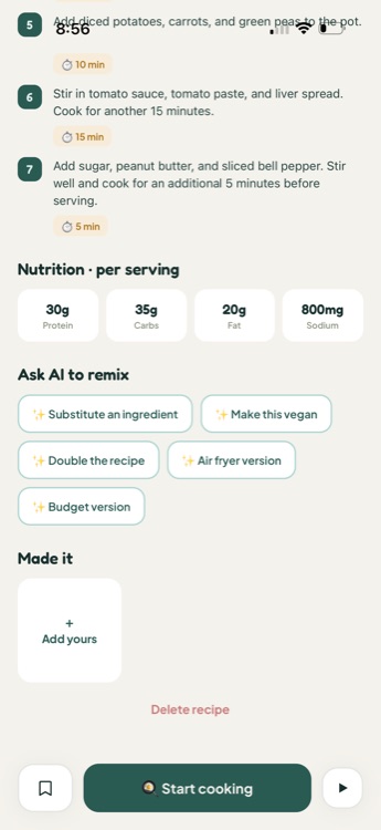Recipe detail nutrition panel and Ask AI to remix chips including Make this vegan and Air fryer version