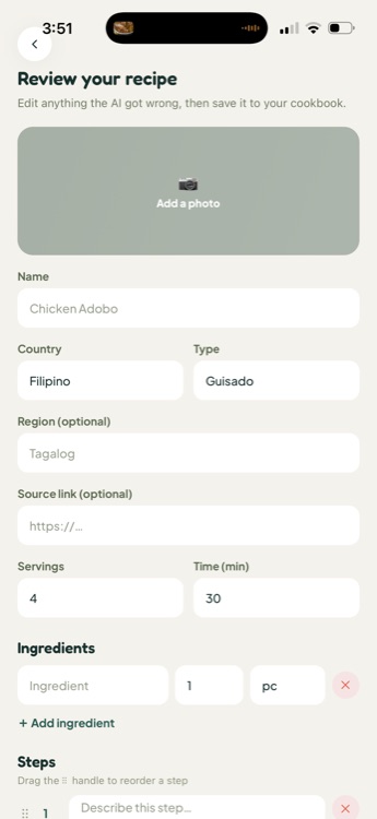 Review your recipe screen with editable name, country, servings, ingredients and steps fields